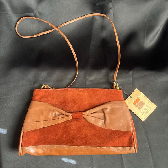 Vintage Tiberon Leathers Brown Suede & Leather Crossbody Purse Made in USA Bow - Picture 1 of 8